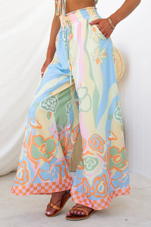 Drawstring Elastic Waist Printed Wide Leg Palazzo Pants, view 3