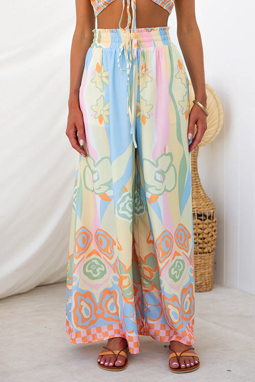 Drawstring Elastic Waist Printed Wide Leg Palazzo Pants, view 2
