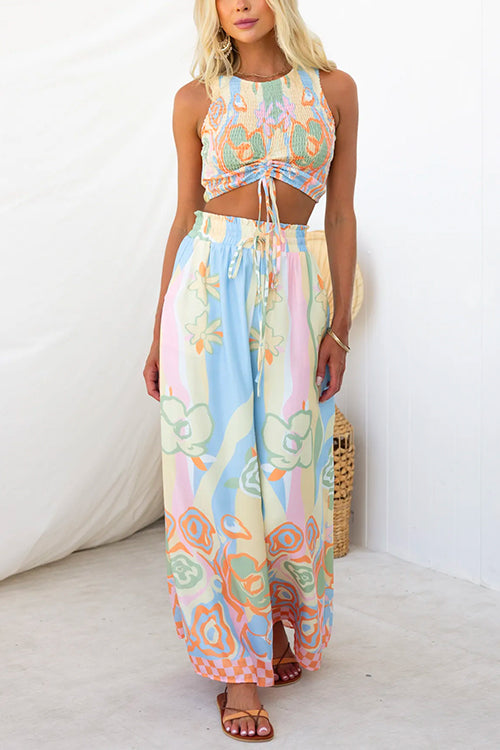 Drawstring Elastic Waist Printed Wide Leg Palazzo Pants, view 4