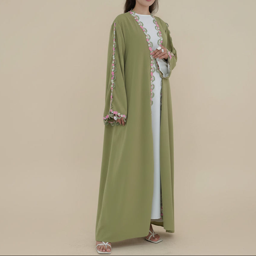 Maysa Floral Lace Nida Abaya – Premium Breathable Open Front Evening Gown, view 2