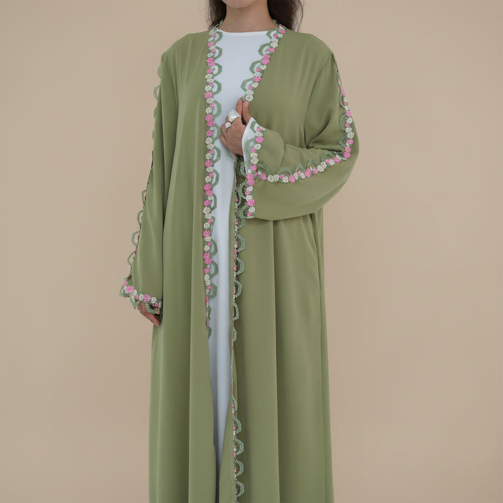 Maysa Floral Lace Nida Abaya – Premium Breathable Open Front Evening Gown, view 3