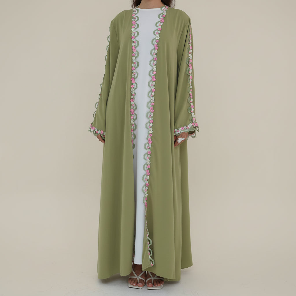 Maysa Floral Lace Nida Abaya – Premium Breathable Open Front Evening Gown, view 5