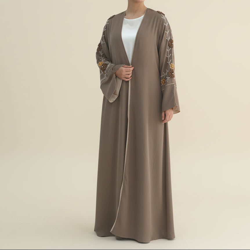 Selin Embroidered Nida Open Abaya, view 3