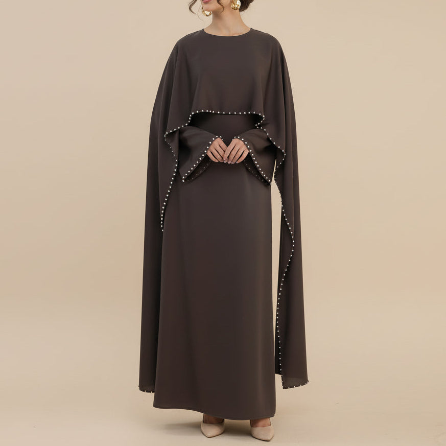 Ruhi Pearl-Trimmed Cape Sleeve Abaya Gown by Try Modest