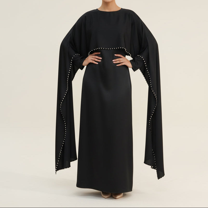 Ruhi Pearl-Trimmed Cape Sleeve Abaya Gown, view 2