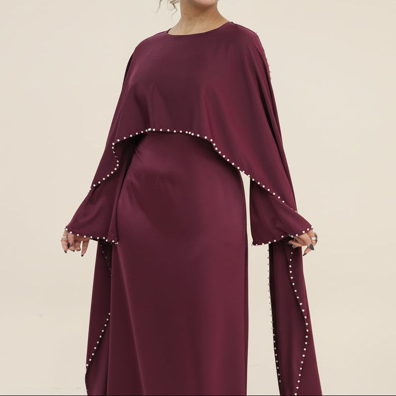 Ruhi Pearl-Trimmed Cape Sleeve Abaya Gown, view 3