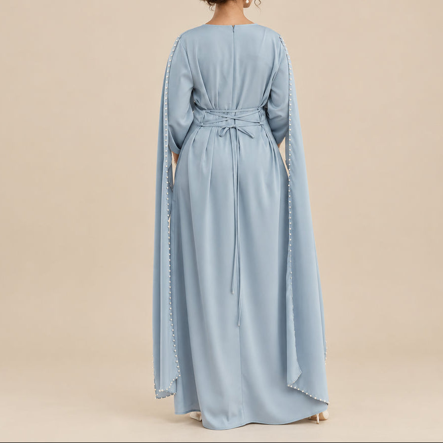 Ruhi Pearl-Trimmed Cape Sleeve Abaya Gown, view 4
