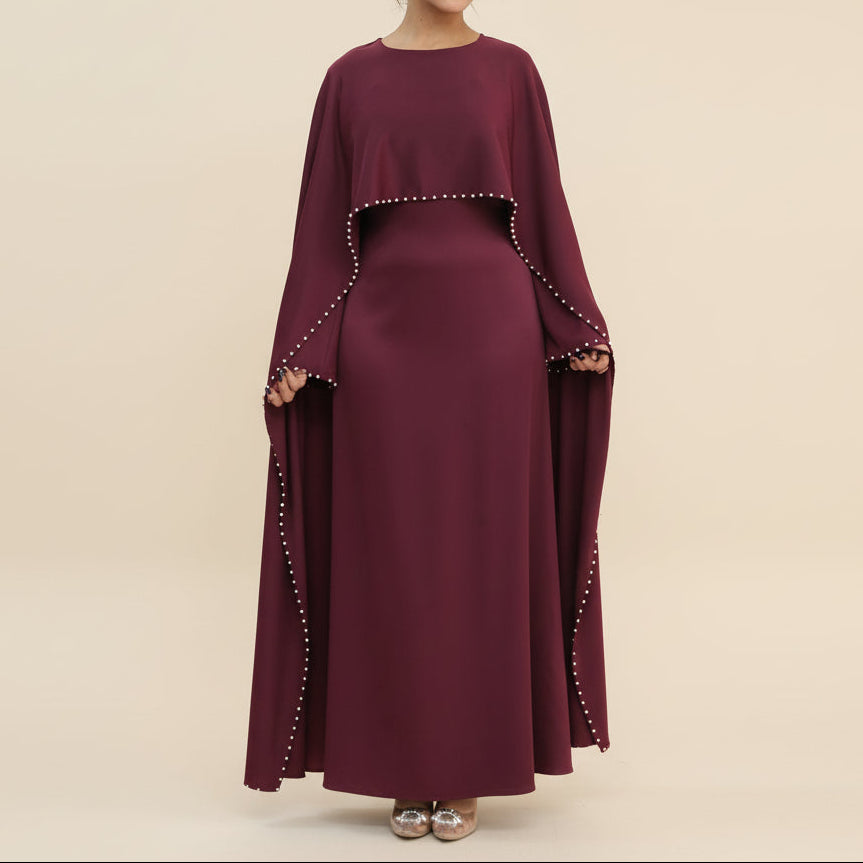 Ruhi Pearl-Trimmed Cape Sleeve Abaya Gown, view 5