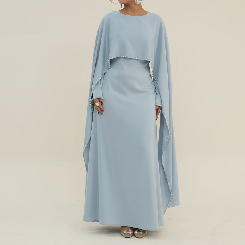 Ruhi Pearl-Trimmed Cape Sleeve Abaya Gown, view 6