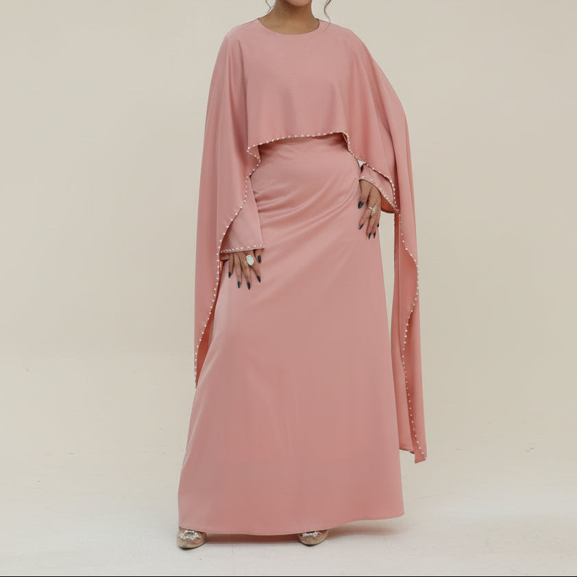 Ruhi Pearl-Trimmed Cape Sleeve Abaya Gown, view 7