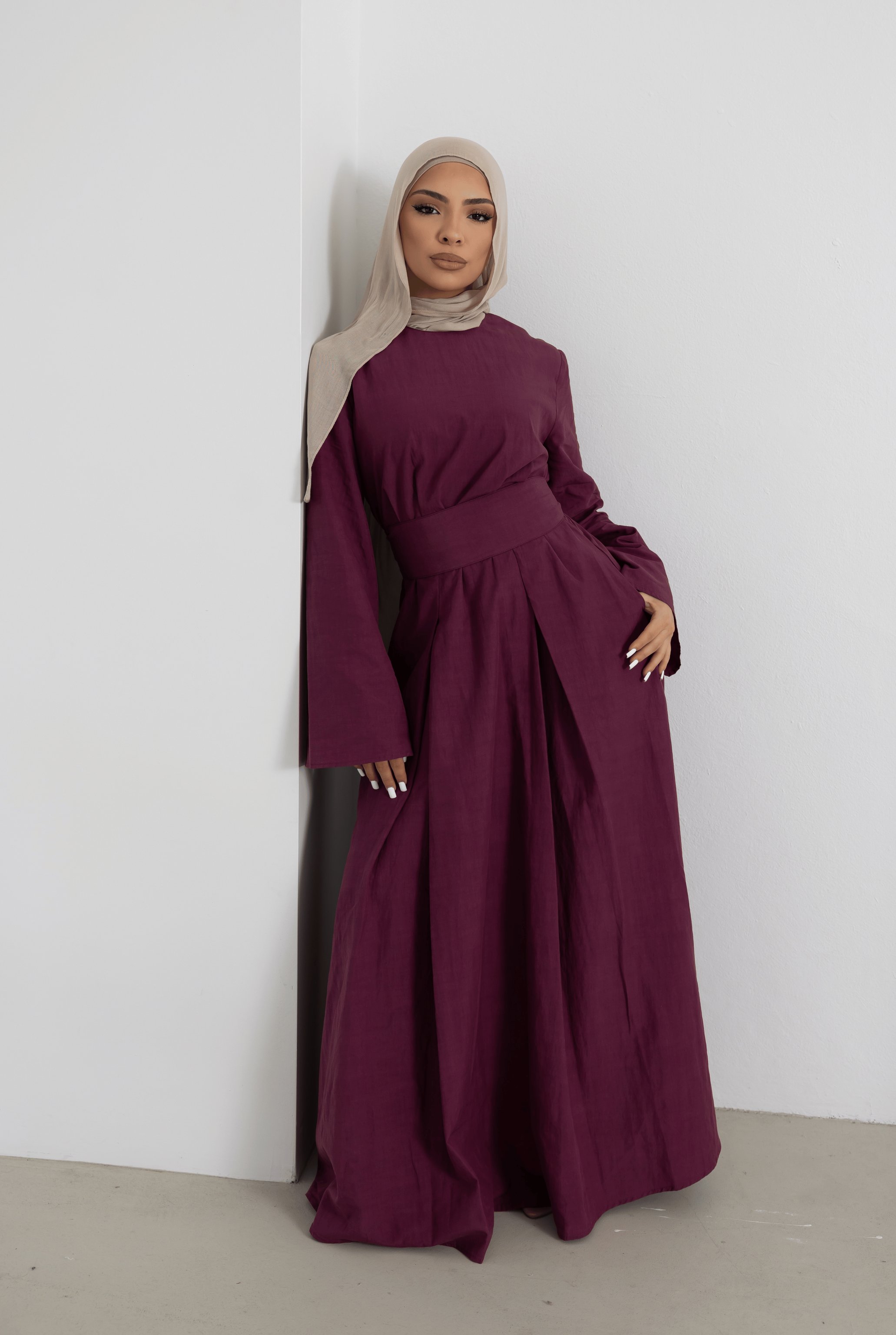 Sorelle Belted Full-Length Modest Dress, view 3
