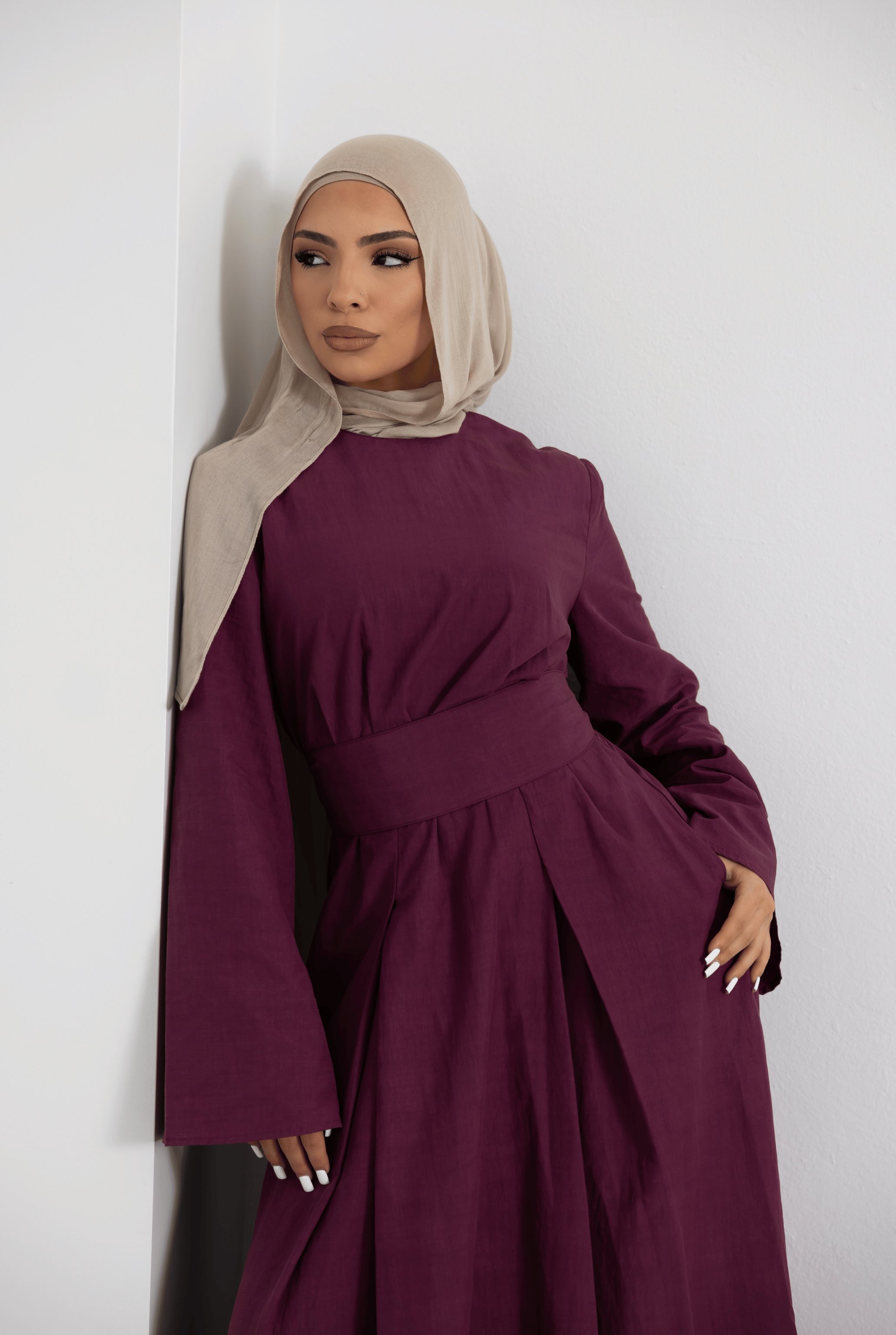 Sorelle Belted Full-Length Modest Dress, view 4