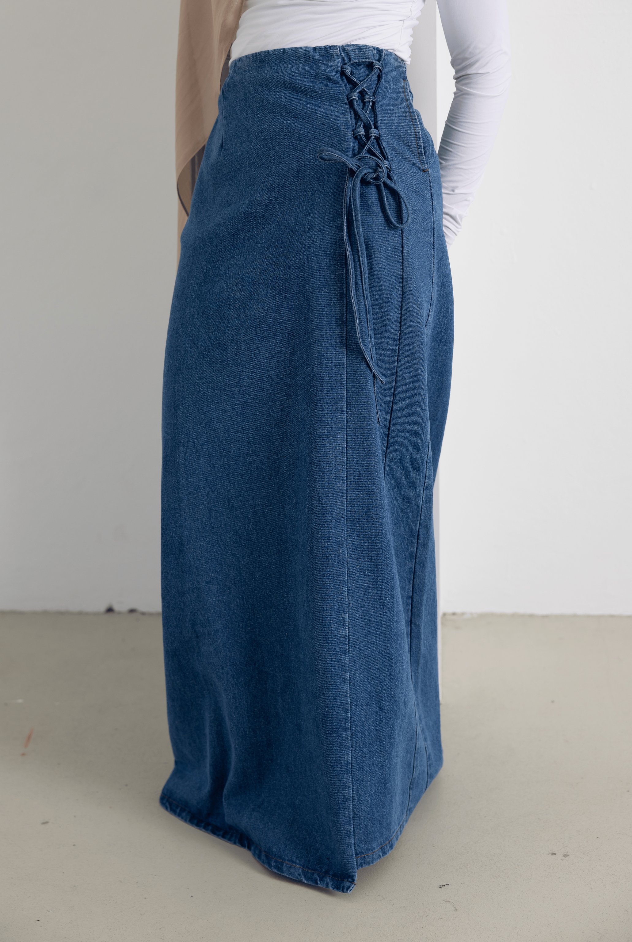 Longline Lace-Up Denim Skirt by Orlena Official