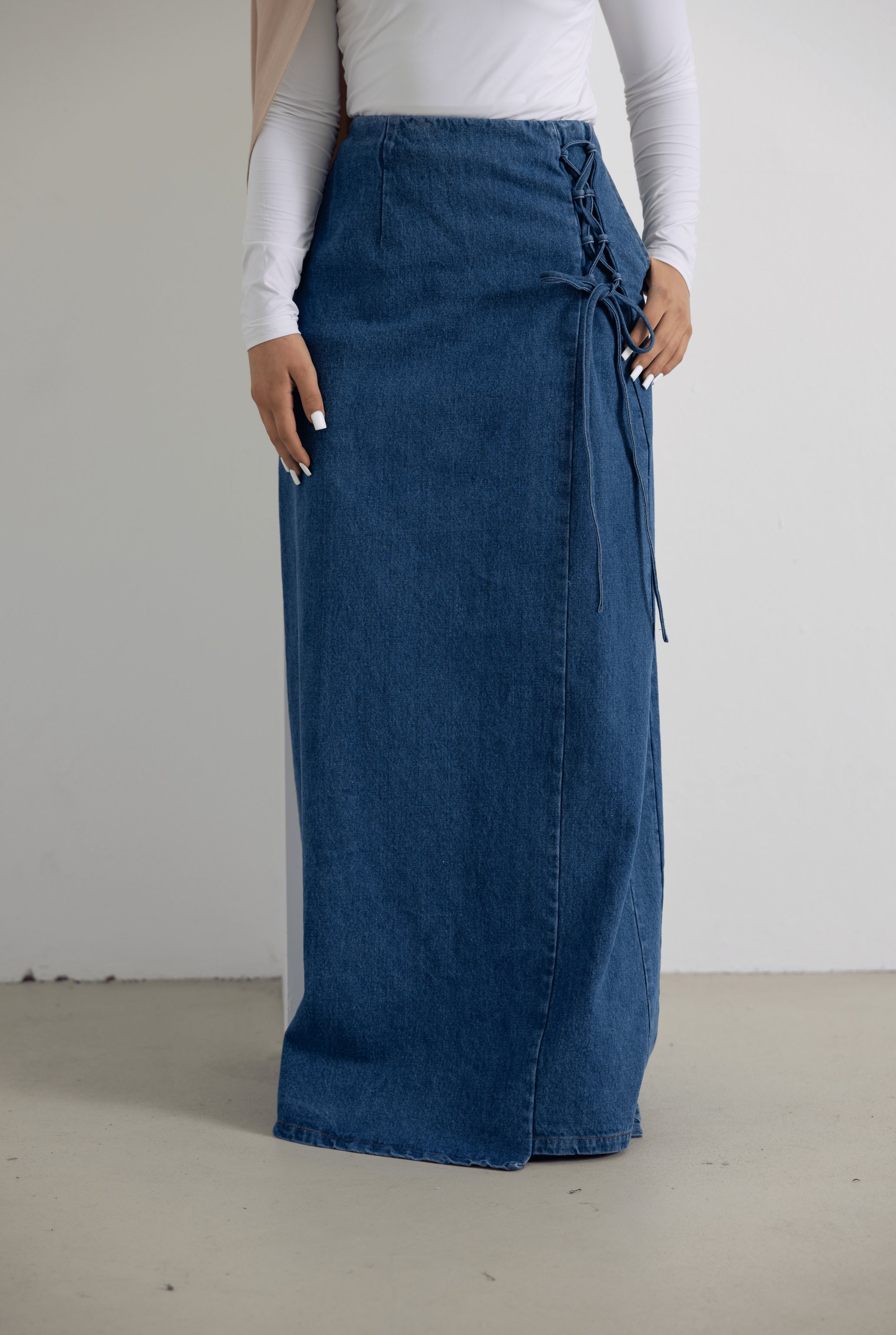 Longline Lace-Up Denim Skirt, view 2