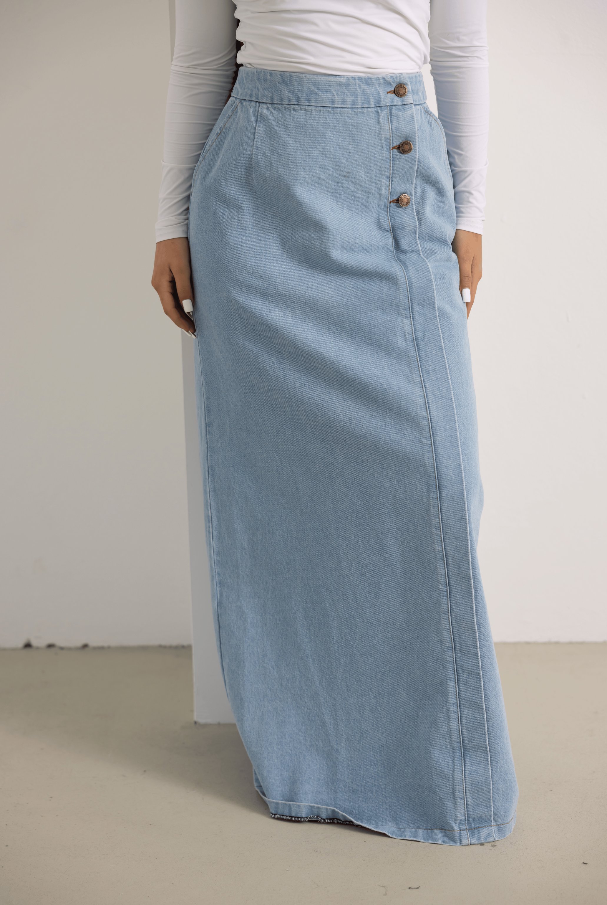 Light Denim Cotton A-Line Side Button Skirt by Orlena Official