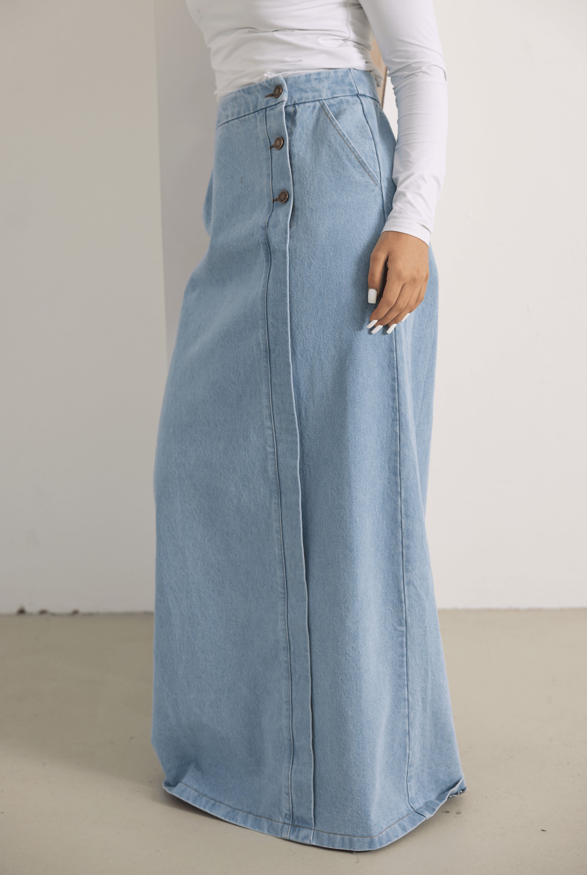 Light Denim Cotton A-Line Side Button Skirt, view 2