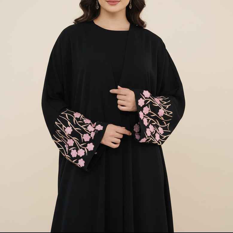 Yalina Floral Embroidered Nida Abaya & Hijab Set, view 2