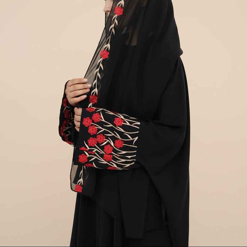 Yalina Floral Embroidered Nida Abaya & Hijab Set, view 3