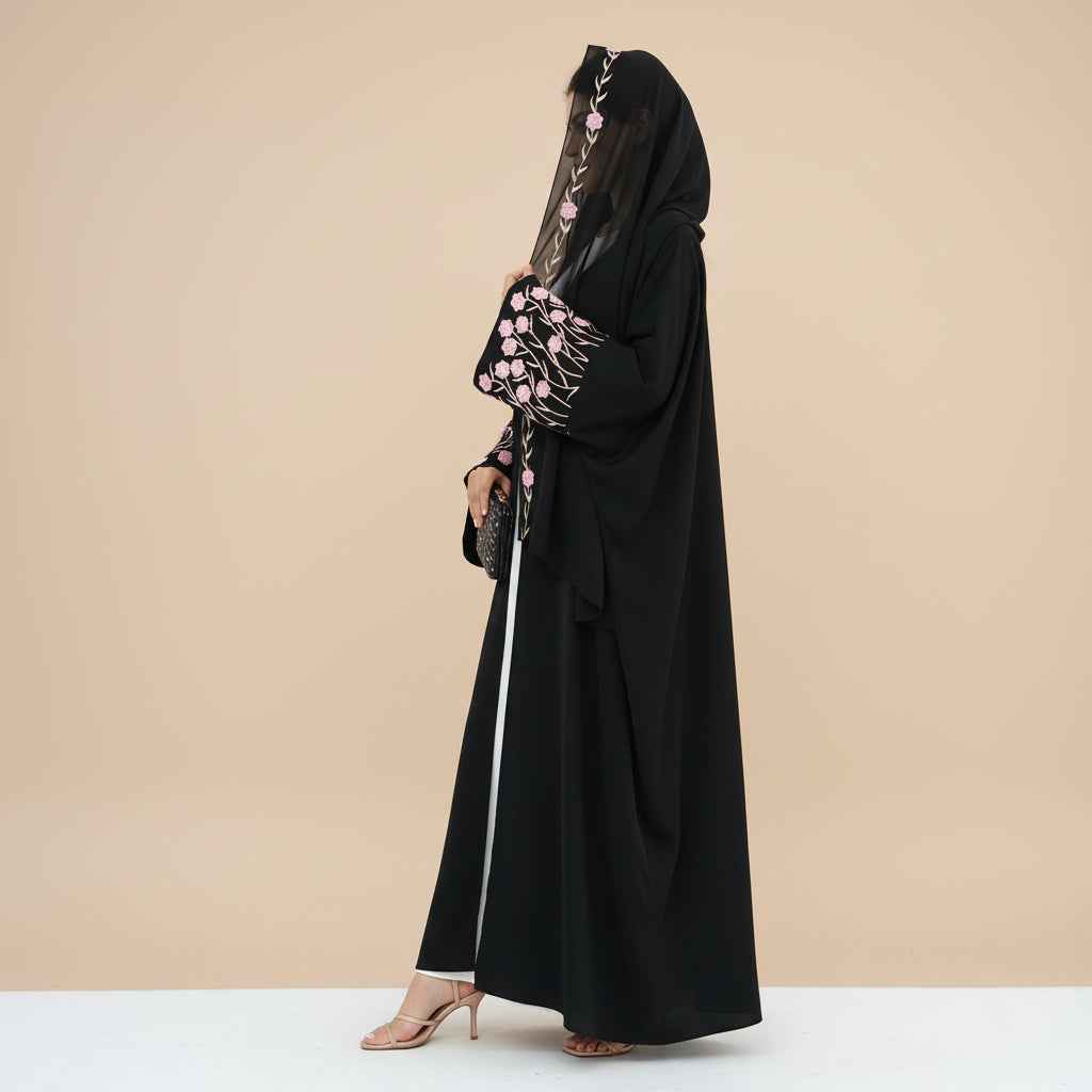 Yalina Floral Embroidered Nida Abaya & Hijab Set, view 5