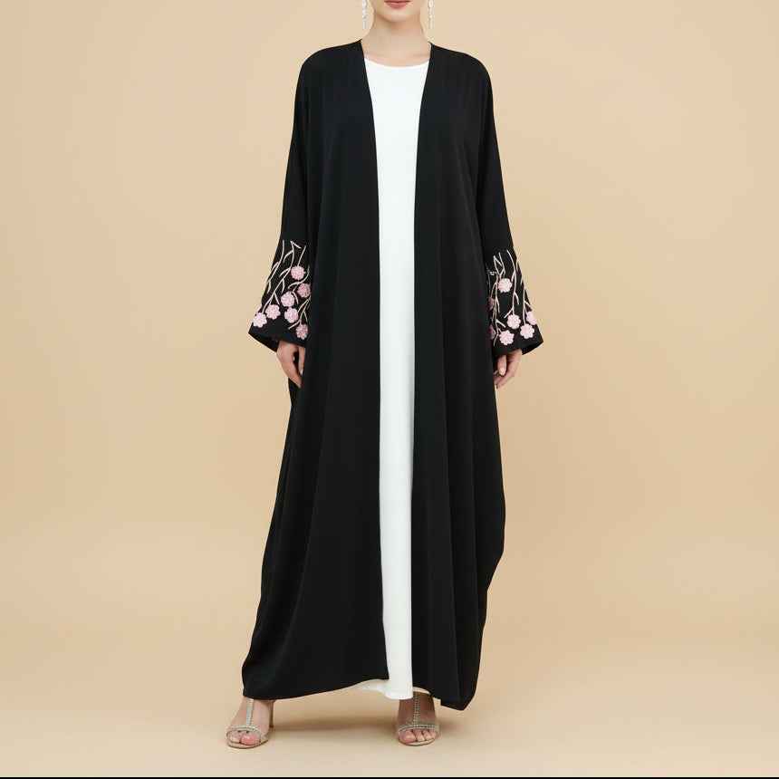 Yalina Floral Embroidered Nida Abaya & Hijab Set, view 6
