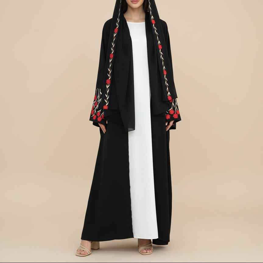 Yalina Floral Embroidered Nida Abaya & Hijab Set, view 8