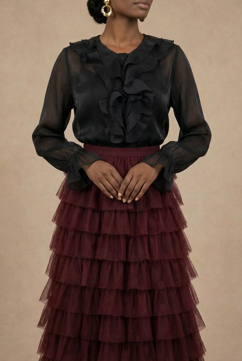 EVE - Chemisier en satin et mousseline à col jabot by Tsaana