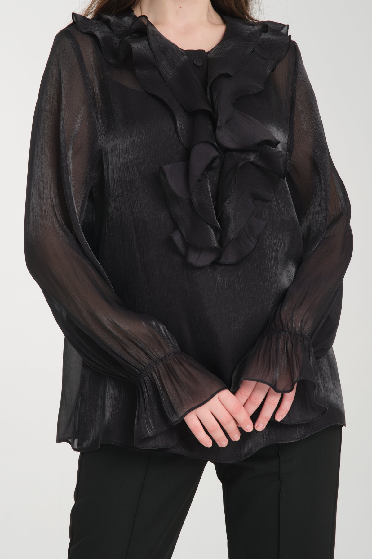 EVE - Chemisier en satin et mousseline à col jabot, view 5