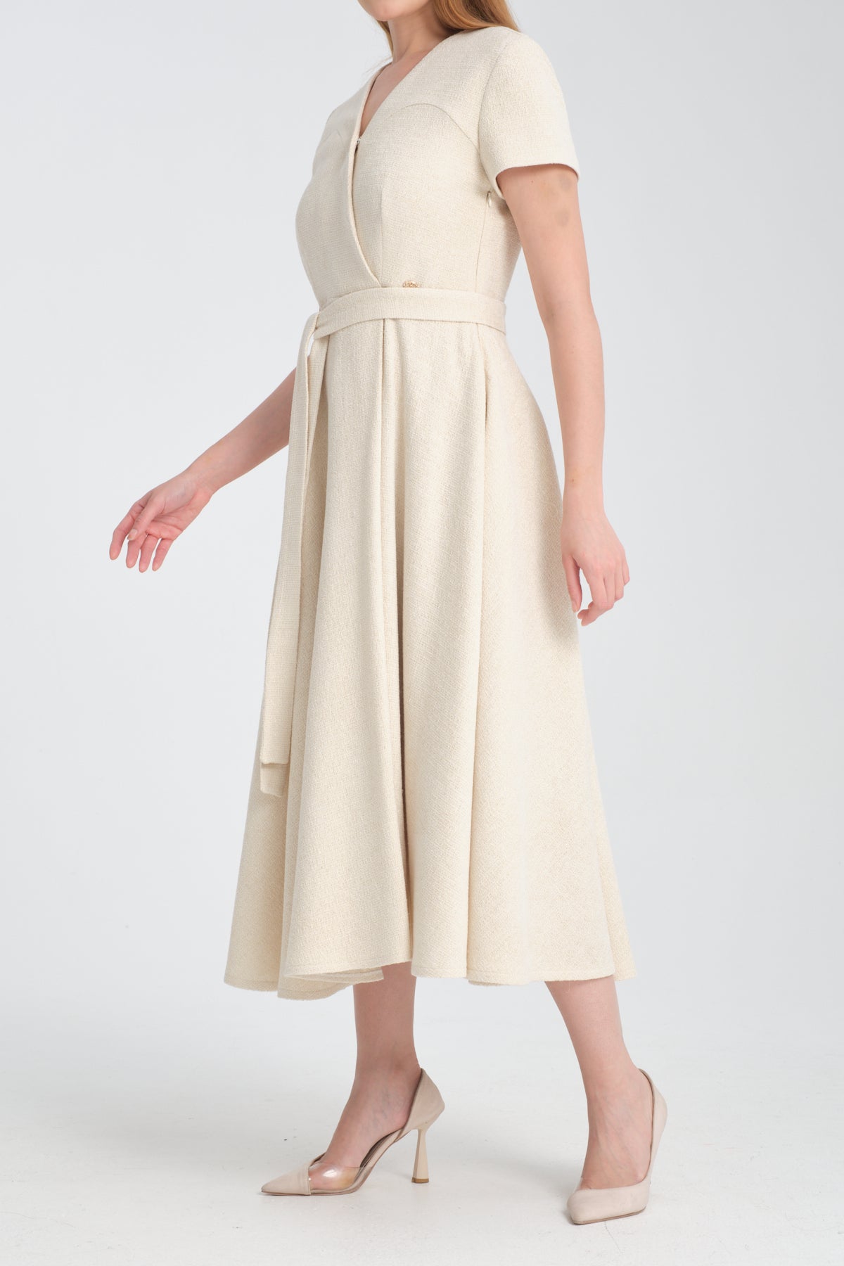CHRISTELLE - Robe longue portefeuille en tweed, view 2