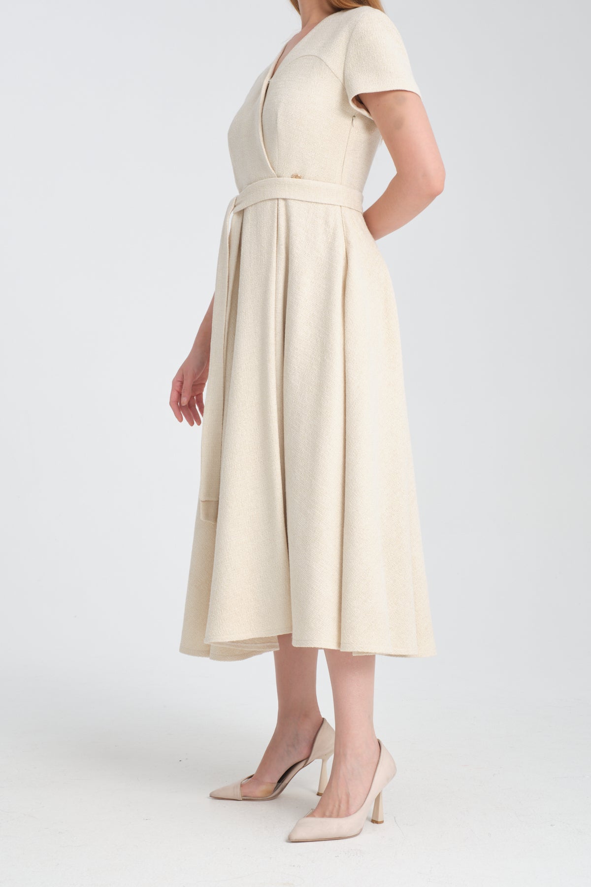 CHRISTELLE - Robe longue portefeuille en tweed, view 4