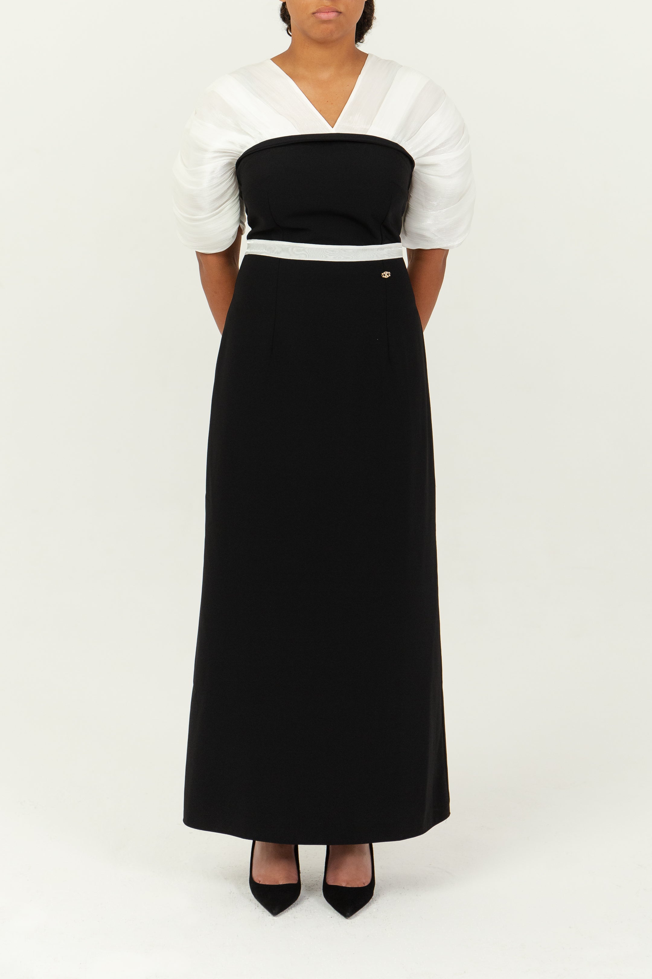 HANIELLE - Robe longue droite effet bustier en mousseline et crêpe, view 2