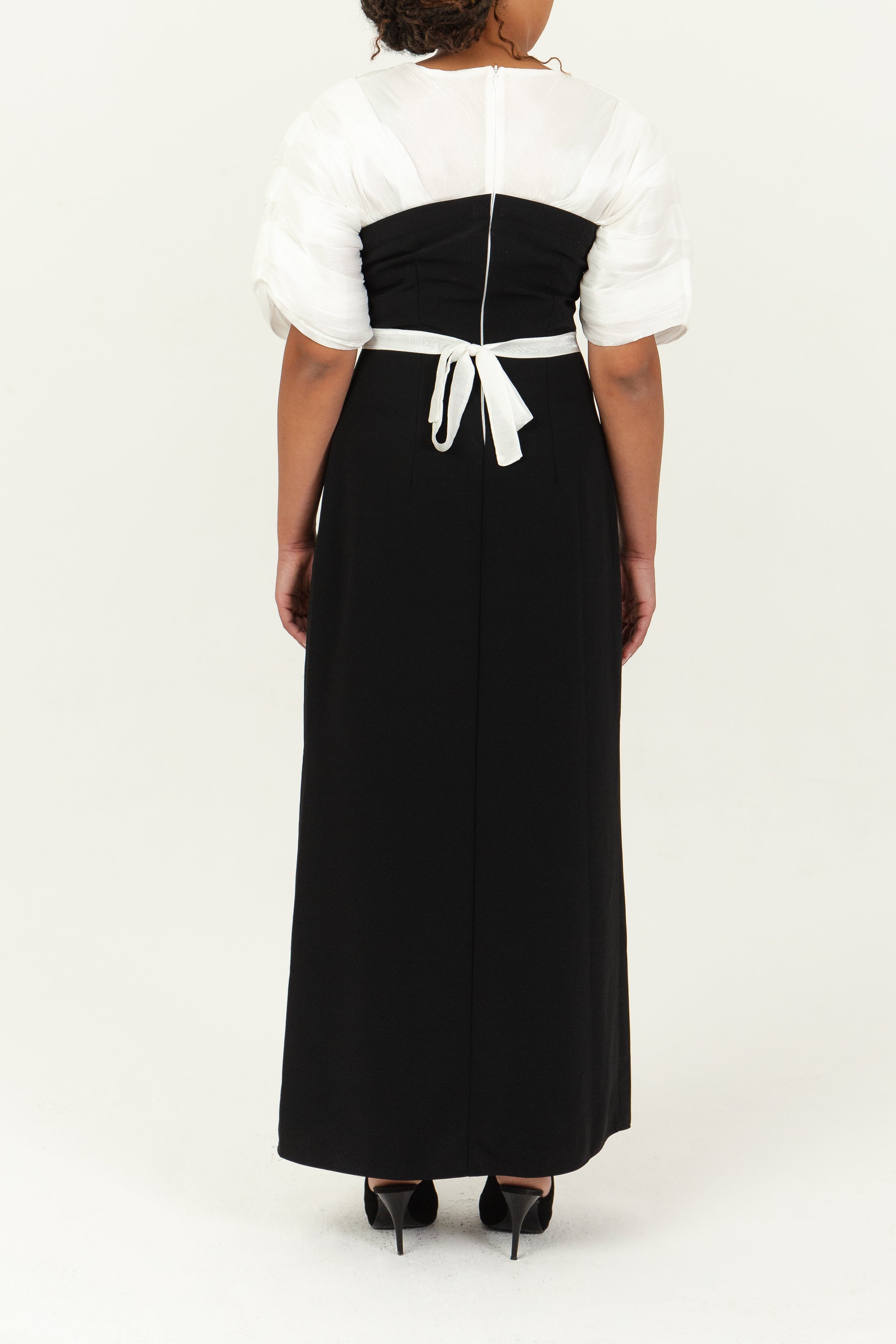 HANIELLE - Robe longue droite effet bustier en mousseline et crêpe, view 3
