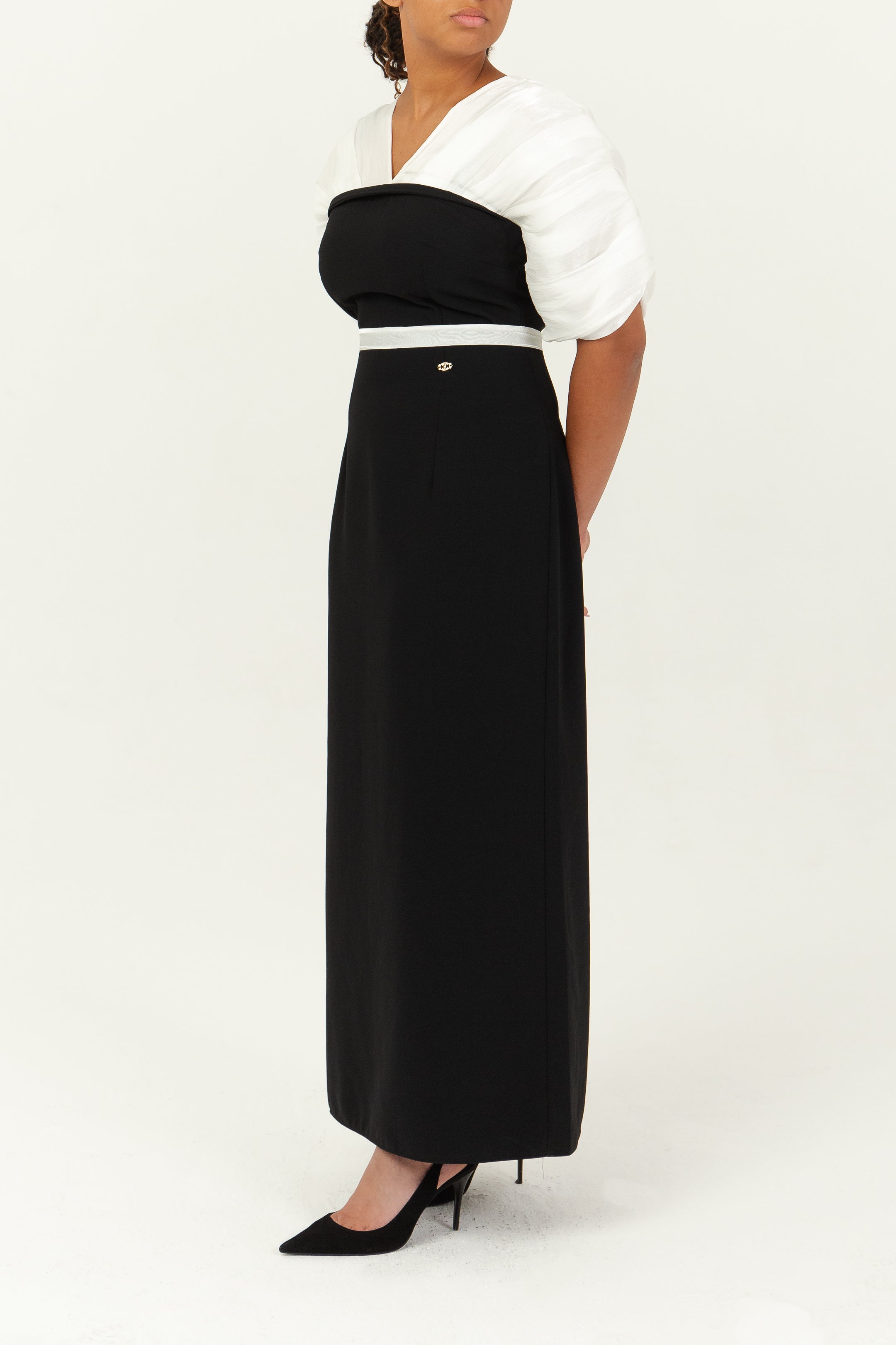 HANIELLE - Robe longue droite effet bustier en mousseline et crêpe, view 4