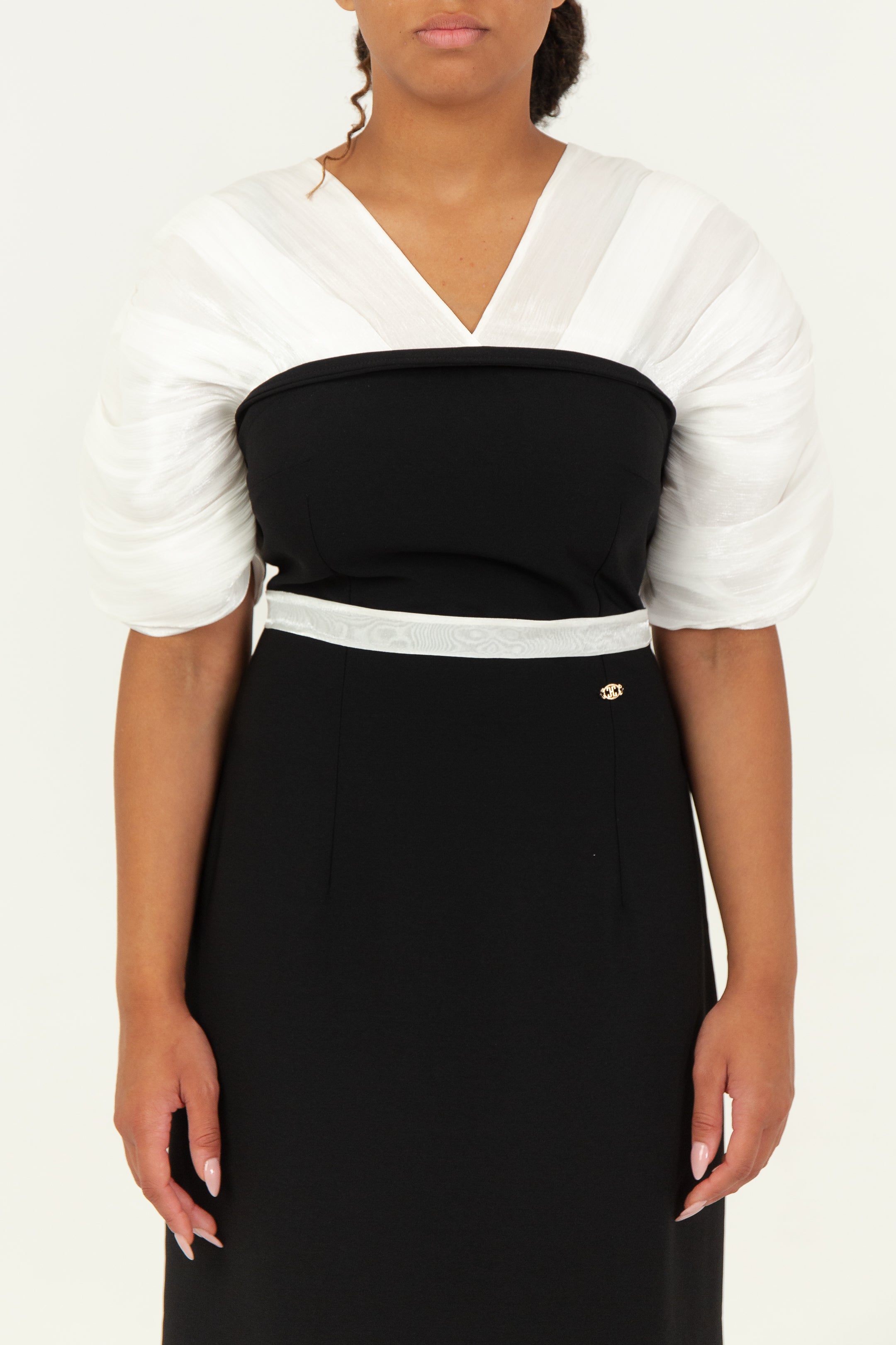 HANIELLE - Robe longue droite effet bustier en mousseline et crêpe, view 5