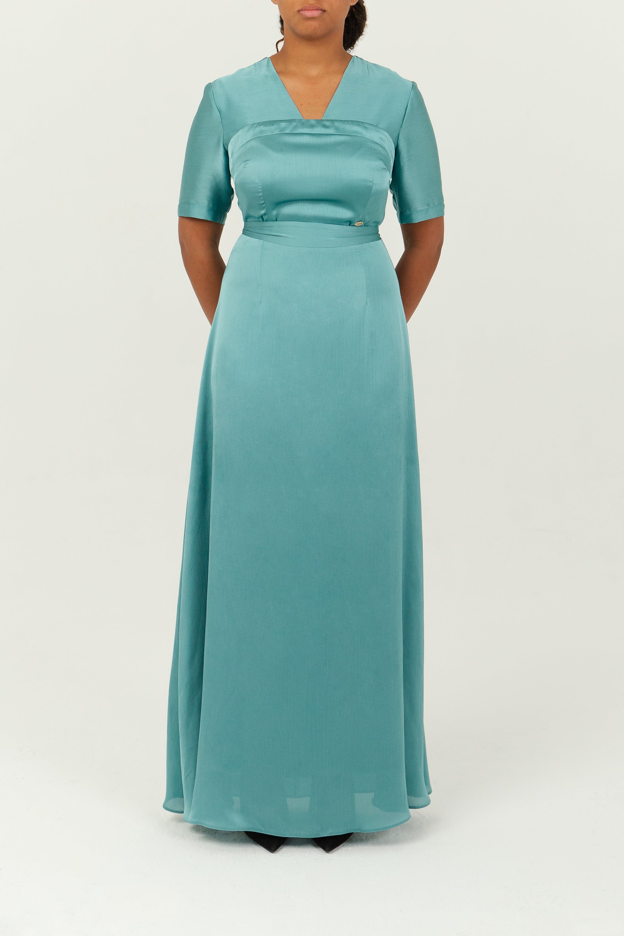 EUNICE - Robe longue en satin effet corset, view 4