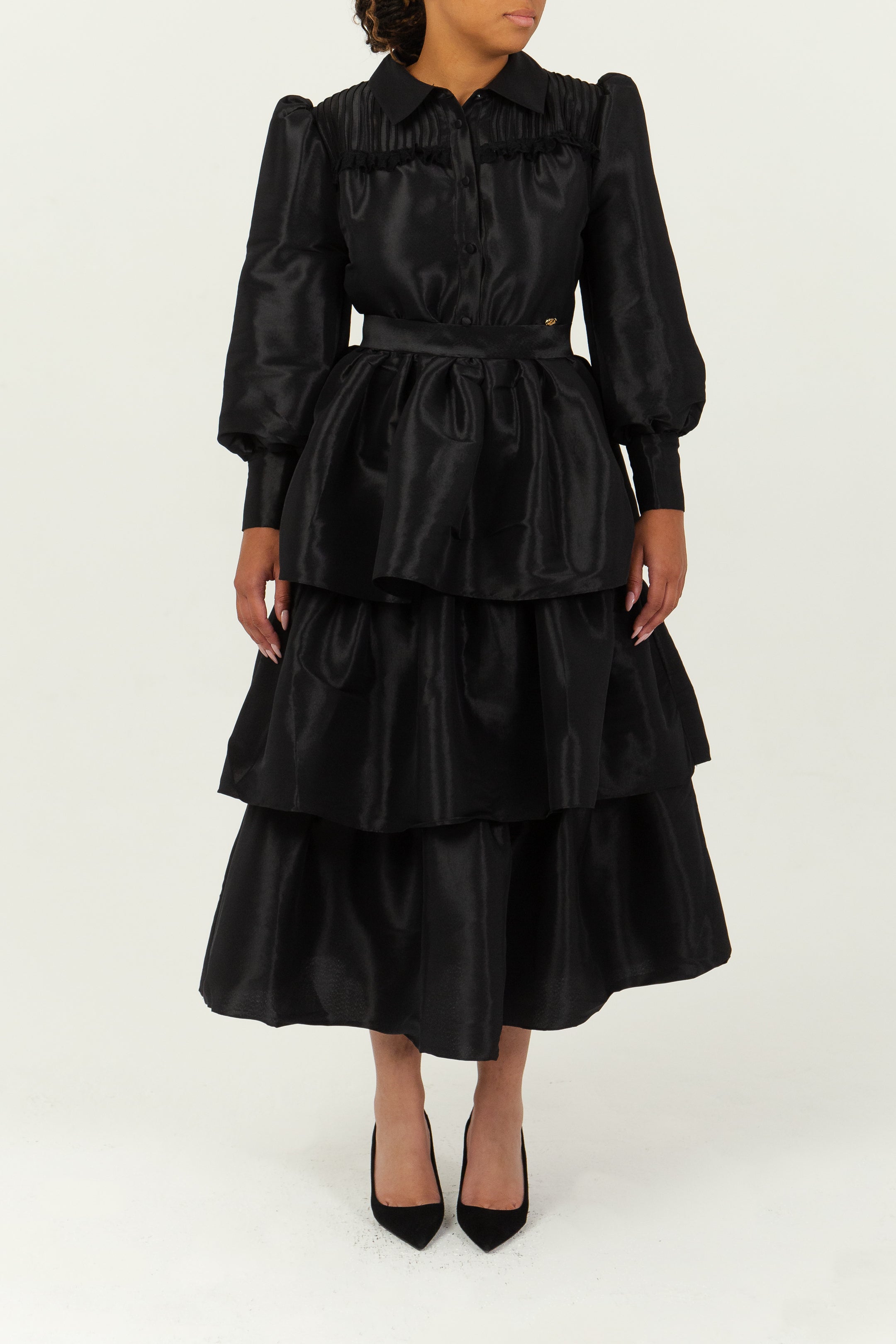 NORA - Robe chemise longue cascade en taffeta, view 2
