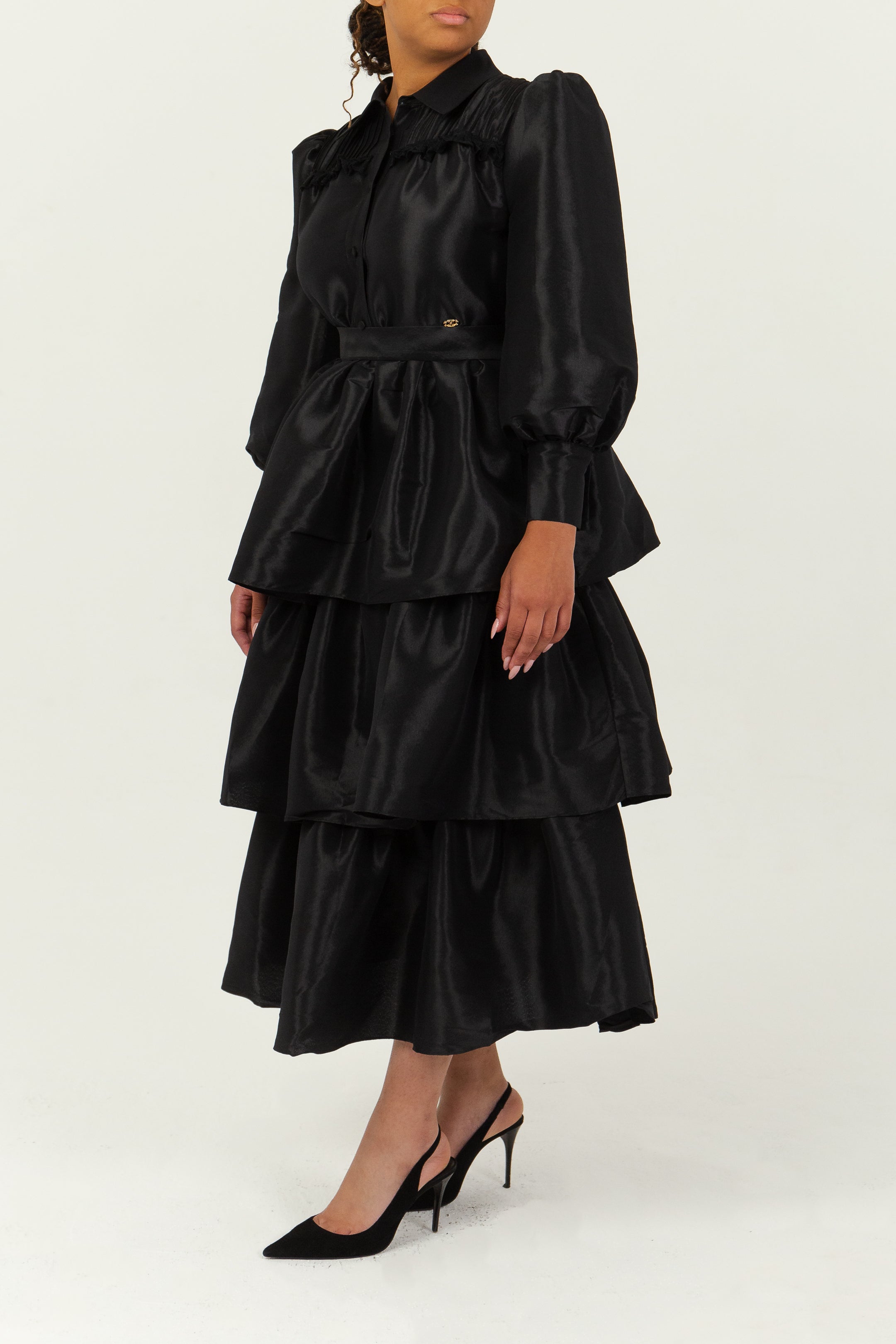 NORA - Robe chemise longue cascade en taffeta, view 4