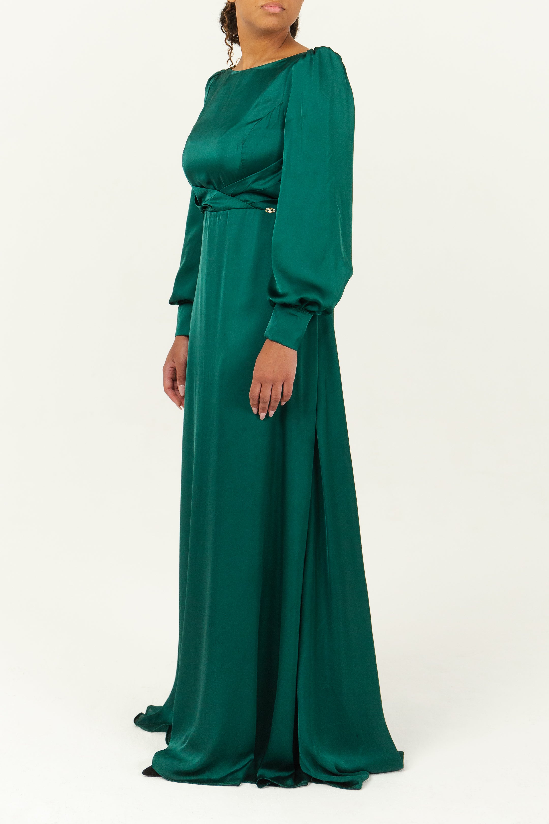 JEANNE - Robe longue à col bateau en satin, view 2