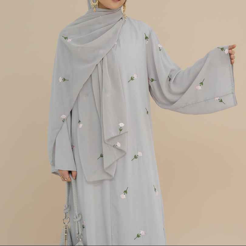 Raylina Floral Embroidered Open Abaya & Hijab Set, view 2