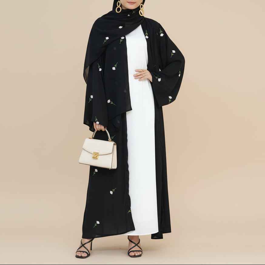 Raylina Floral Embroidered Open Abaya & Hijab Set, view 3