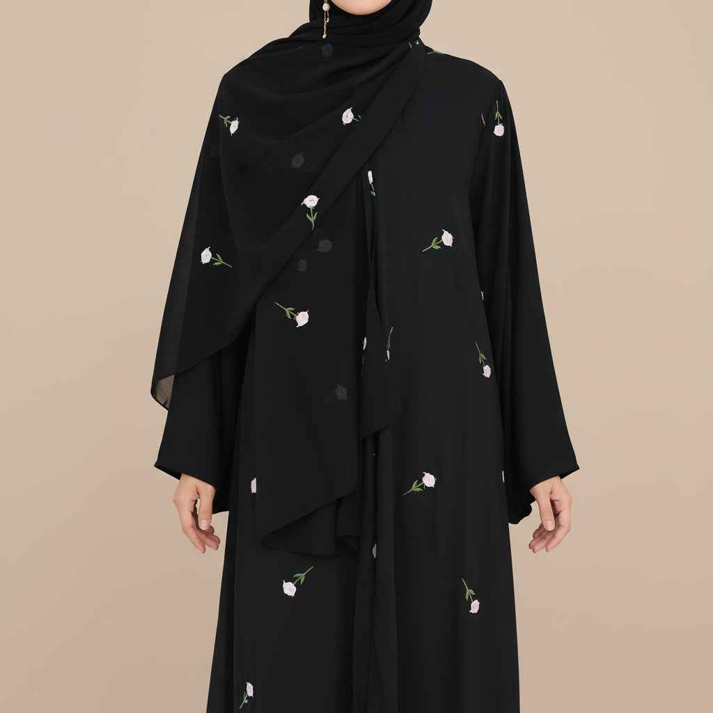 Raylina Floral Embroidered Open Abaya & Hijab Set, view 4