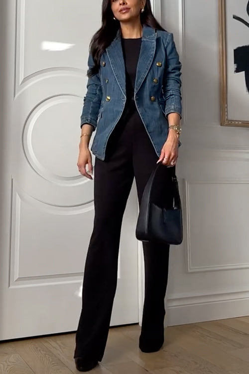 Margovil Notch Collar Double Breasted Denim Blazer by Margovil