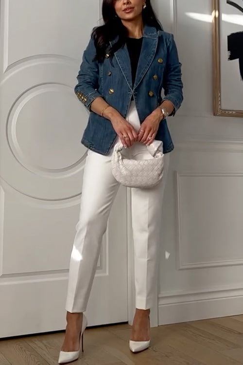 Margovil Notch Collar Double Breasted Denim Blazer, view 3