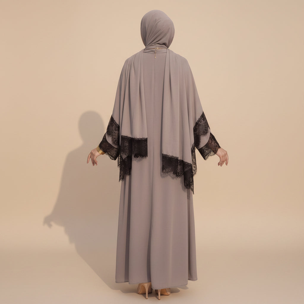 Taline Lace Trim Abaya & Hijab Set, view 2
