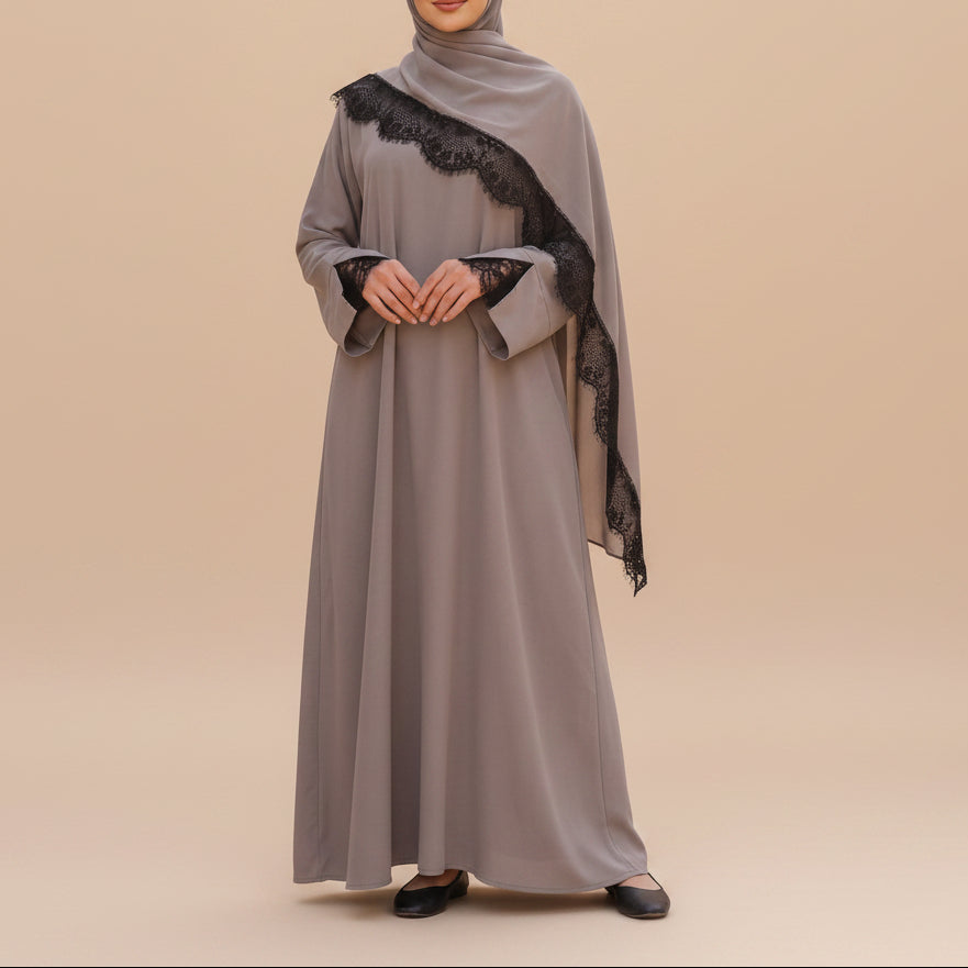 Taline Lace Trim Abaya & Hijab Set, view 3