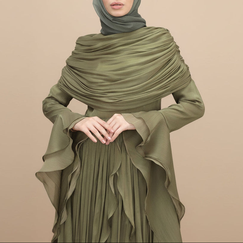 Elysian Pleated Ruffle Evening Abaya Dress, view 4