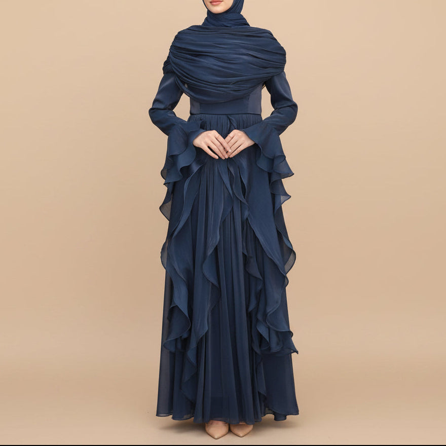 Elysian Pleated Ruffle Evening Abaya Dress, view 6
