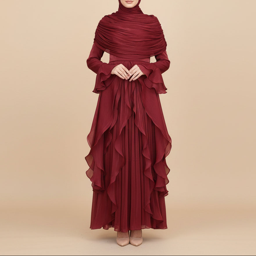 Elysian Pleated Ruffle Evening Abaya Dress, view 7