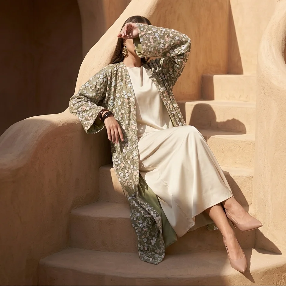 Nooré Intricate Embroidered Luxury Open Abaya Set, view 2