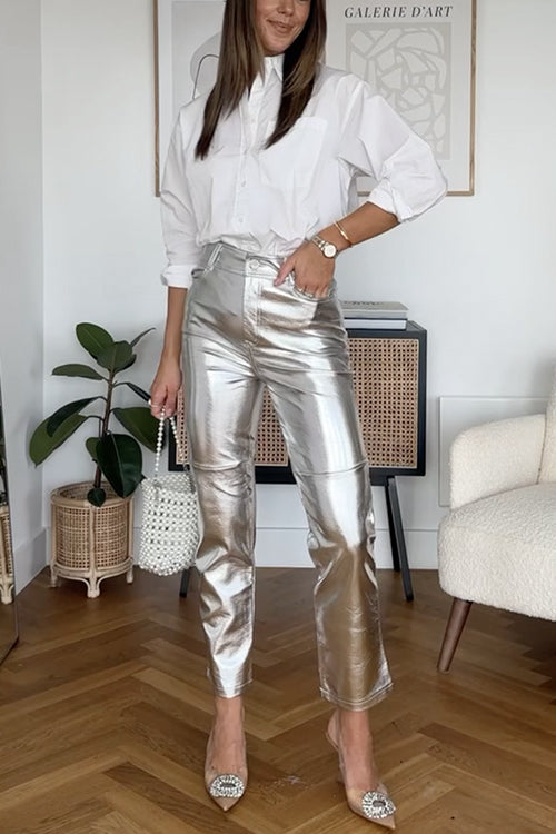 Margovil High Rise Metallic Faux Leather Cropped Pants by Margovil
