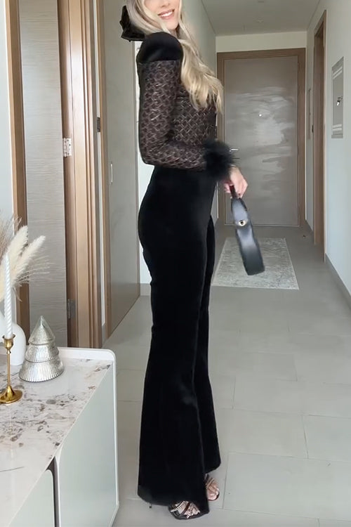 Margovil Feather Cuffs Bell Bottom Velvet Splice Jumpsuit, view 2